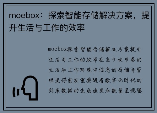 moebox：探索智能存储解决方案，提升生活与工作的效率